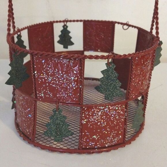 VTG Red Green Wired Metal Christmas Basket with Hanging Trees - Picture 7 of 16